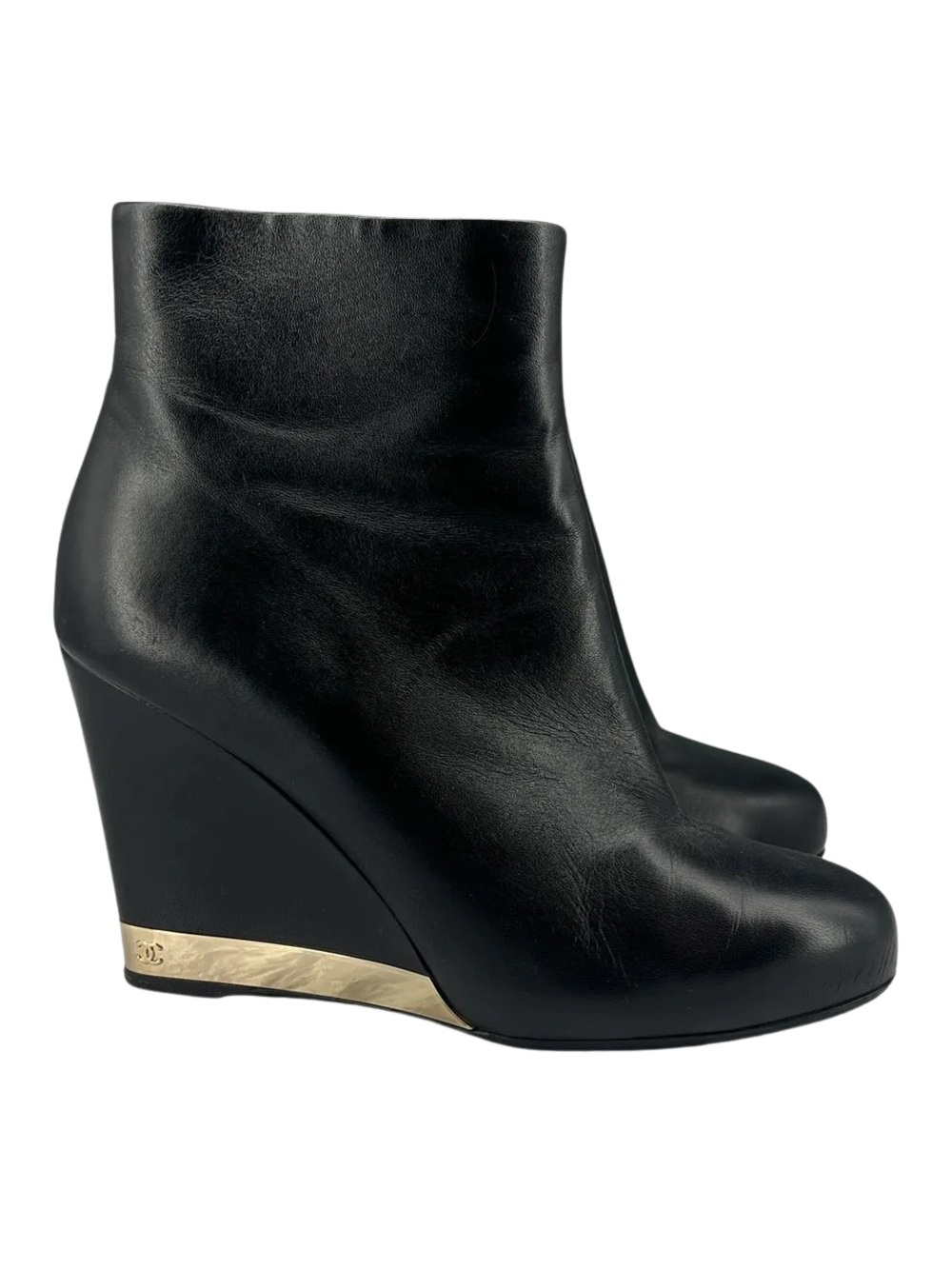 Chanel Black Lambskin Leather Wedge Ankle Boots Gold CC Trim